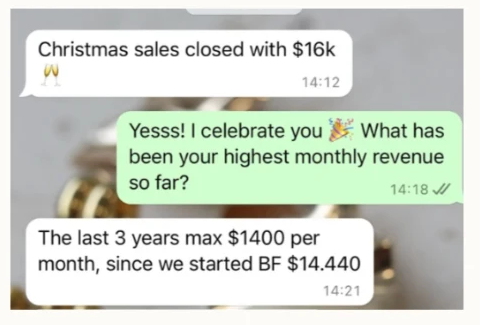 Client WhatsApp review: Christmas sales closed with $16K